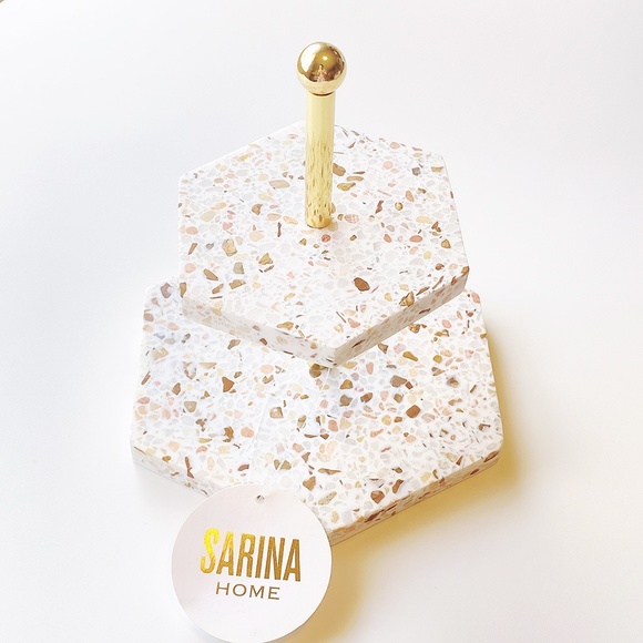 ๐ GENUINE MARBLE HEXAGON 2 TIER JEWELY STAND GOLD HARDWARE VINTAGE REVIVAL - Picture 2 of 8